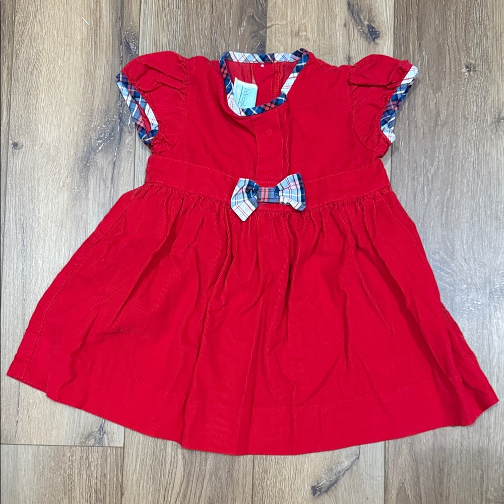 Little English Red Corduroy Dress with Plaid Bow - 2T